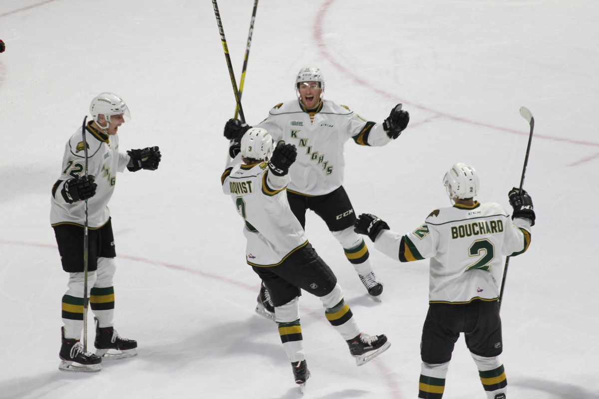 Adam Boqvist of the London Knights celebrates one of his four goals in a 6-3 London Knights win over Windsor in Game 3 of their opening-round playoff series on March 26, 2019.