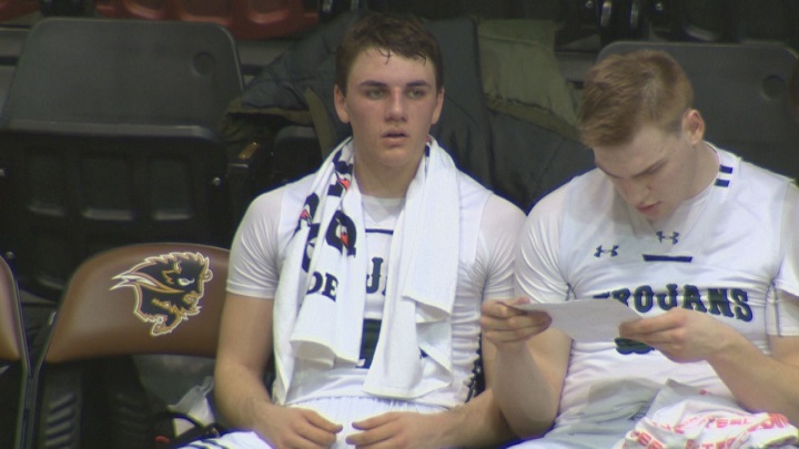 Vincent Massey's Jackson Tachinski gets a break during the AAAA Provincial High School Basketball Championships.