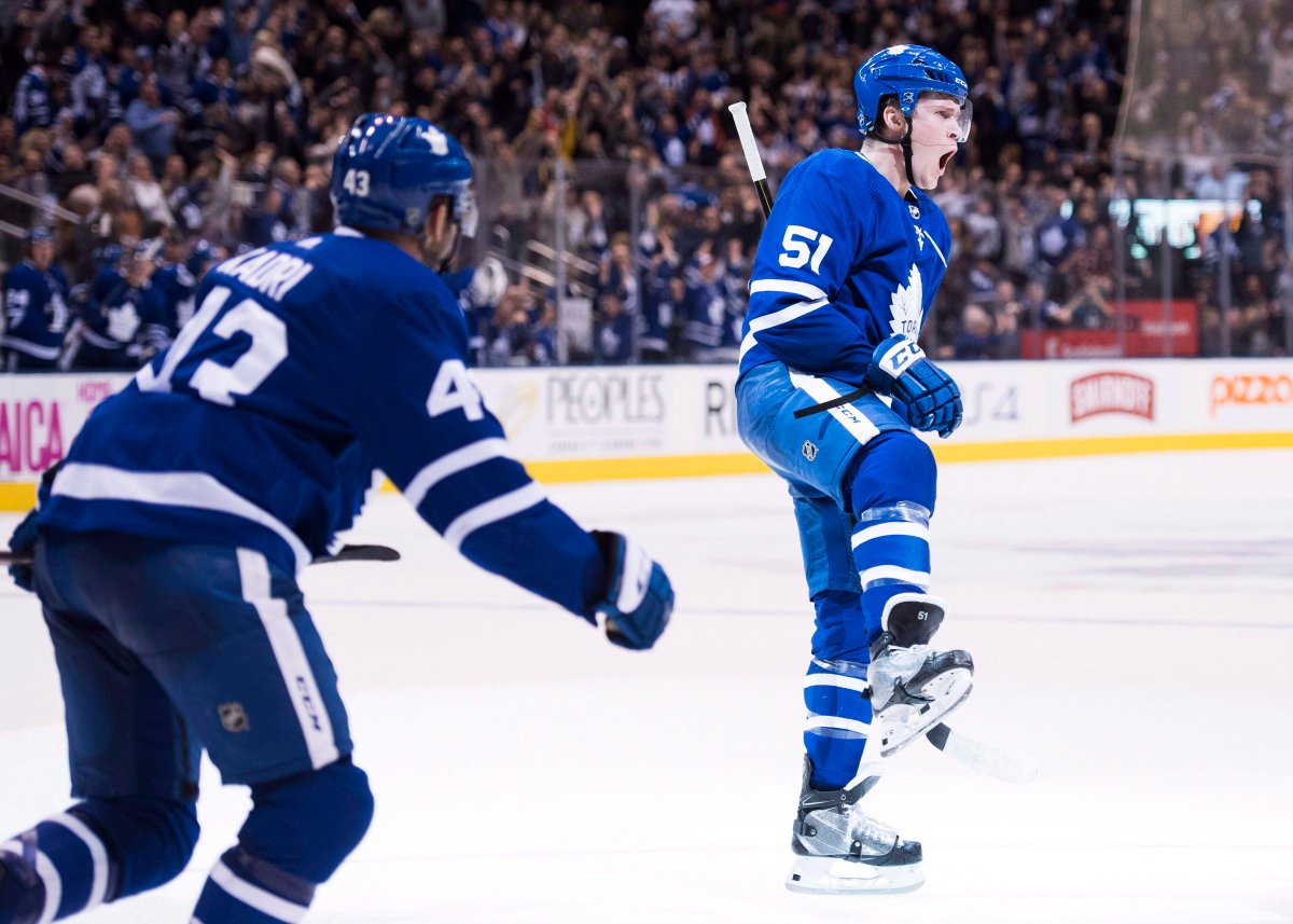 Toronto Maple Leafs defenceman Jake Gardiner (51) reacts after scoring against the Winnipeg Jets during third-period NHL hockey action in Toronto on Oct. 27, 2018.