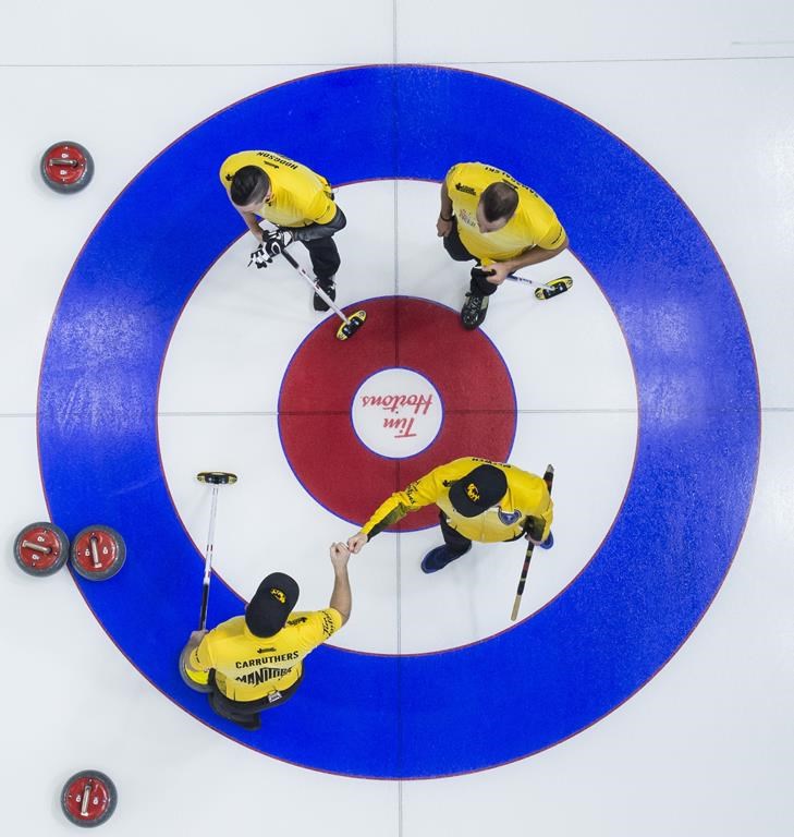 Team Manitoba lead Colin Hodgson, second Derek Samagalski, third Reid Carruthers and skip Mike McEwen celebrate their win over Team Newfoundland and Labrador following the 9th draw at the Brier in Brandon, Man. Tuesday, March 5, 2019.