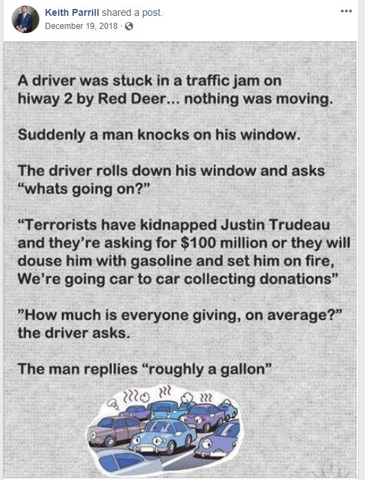 Global News received a tip about concerning Facebook posts shared by Keith Parrill, the FCP’s candidate in Lacombe-Ponoka. One post that caused concern show a meme about Justin Trudeau with a punchline that describes dousing him in gasoline while the other is a doctored video which shows former U.S. president Barack Obama admitting he was born in Kenya, supporting a debunked conspiracy theory popularized by U.S. President Donald Trump.