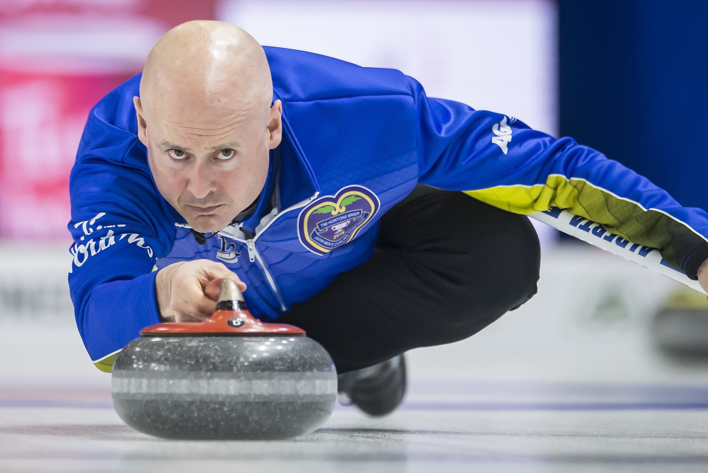 Team Alberta skip Kevin Koe makes a shot during the fourth draw against team Ontario at the Brier in Brandon, Man., Sunday, March, 3, 2019. 