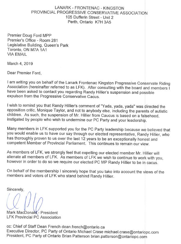 Suspended MPP Randy Hillier hits back at Doug Ford government in letter