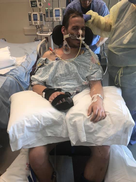 Matt in a wheelchair earlier in his treatment. Doctors have told the Reisigs that the two- to four-week period is when symptoms of GBS are the worst, but his final prognosis remains unknown.