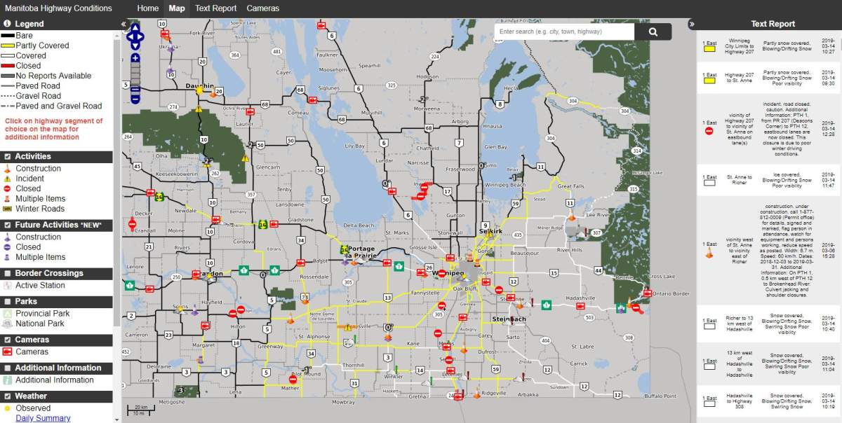 This Manitoba government map shows road conditions as of 12:30 p.m. Thursday, with red indicators for road closures.