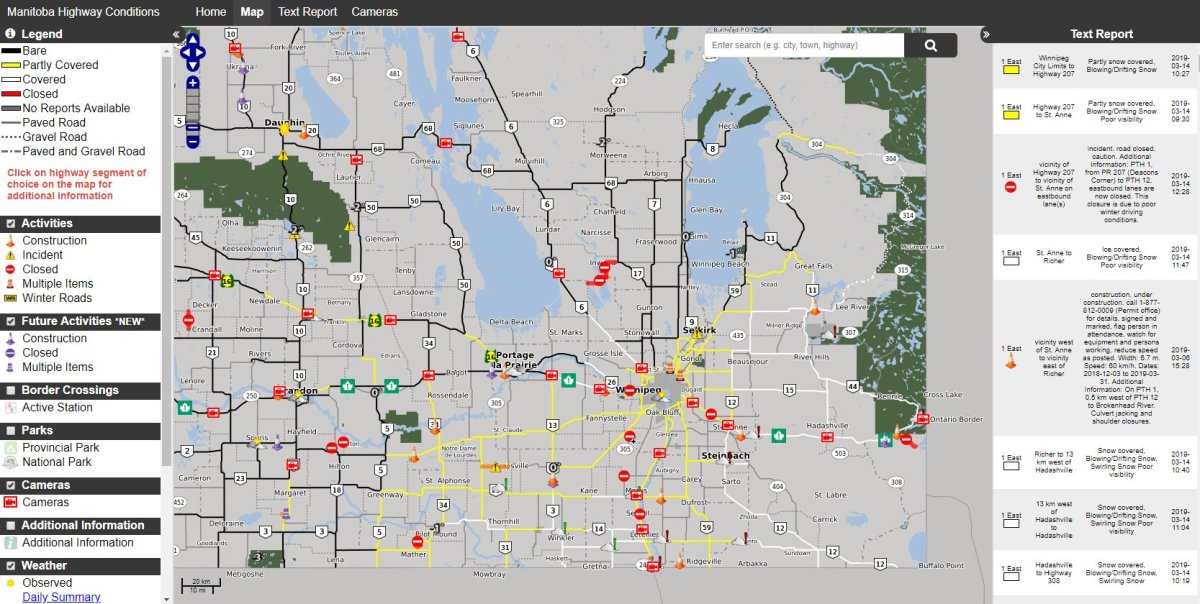 Mb Highway Conditions Map Late Blast Of Winter Shuts Down Parts Of Southern Manitoba - Winnipeg |  Globalnews.ca