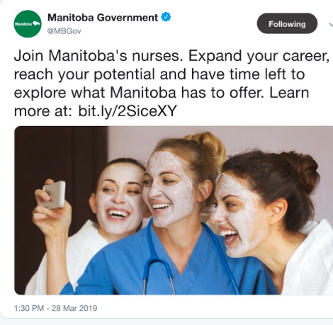 One of the ads on Twitter taken down by the Manitoba Government showing nurses getting facial treatments.