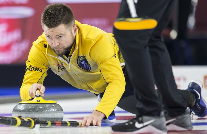 Team Manitoba skip Mike McEwen makes a shot during the 7th draw against team Yukon at the Brier in Brandon, Man. Monday, March 4, 2019. 