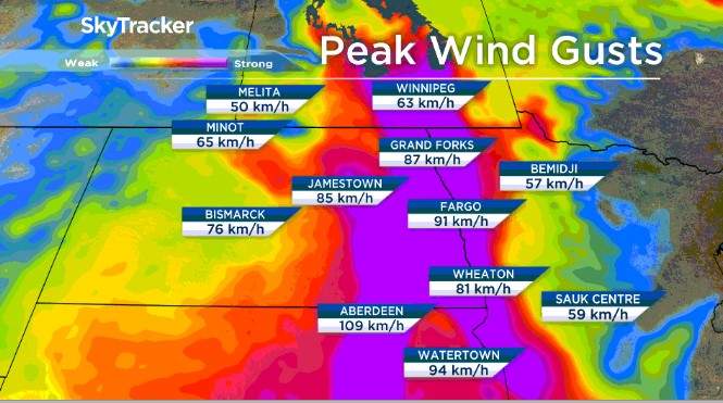 This weather map shows gusting winds blowing over the northern U.S. and southern Manitoba.