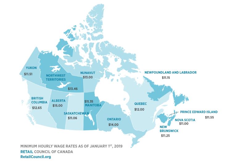 The Retail Council of Canada website shows the current minimum wage for each province.