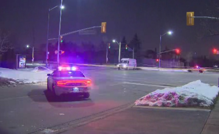 Peel police investigate the scene of a hit-and-run on Winston Churchill Blvd. in Mississauga on March 4, 2019.