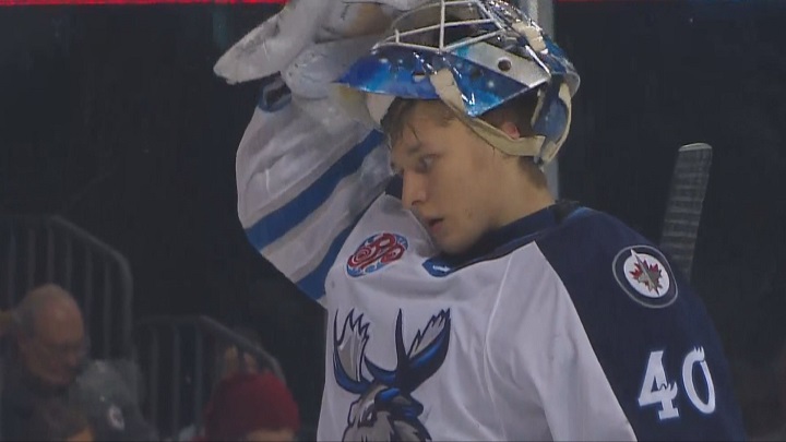 Manitoba Moose goalie Mikhail Berdin takes a break from action on Sunday at Bell MTS Place.