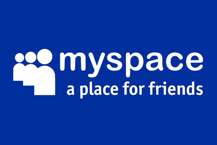 Myspace logo, captioned “a place for friends.”