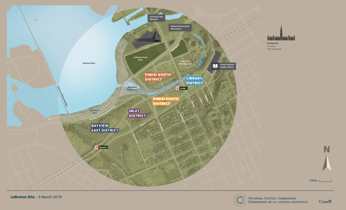As it moves forward with the development of LeBreton Flats, the National Capital Commission (NCC) says it plans to build up the massive site in stages, starting with the “Library District.” That parcel of land is near where Ottawa’s new central library will be located and the Pimisi transit station.