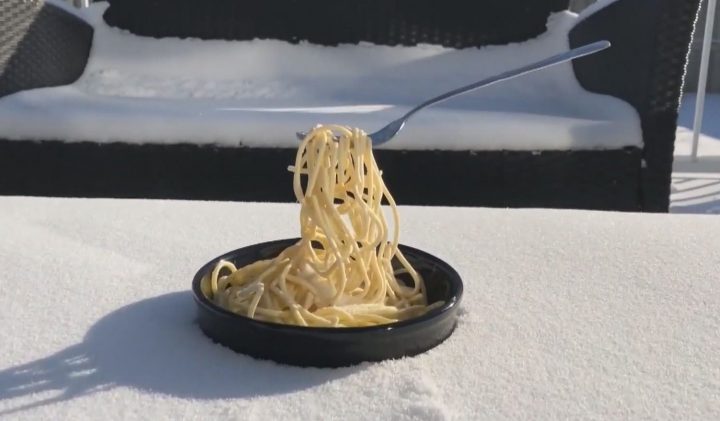 It was so cold in Calgary that steaming, hot noodles froze outside.