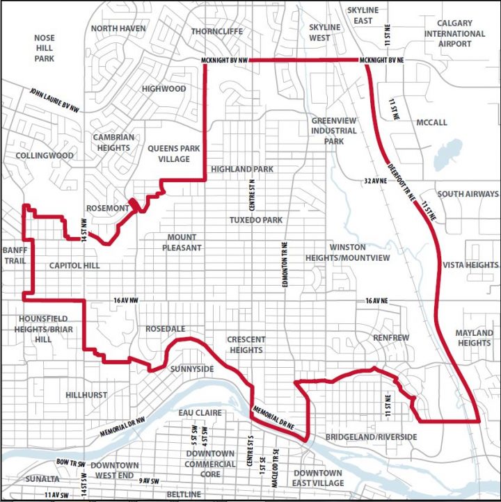 The North Hill Communities Local Growth Planning initiative includes Edmonton Trail N.E., Centre Street N., 4 Street N.W., 16 Avenue N. and the nine surrounding communities: