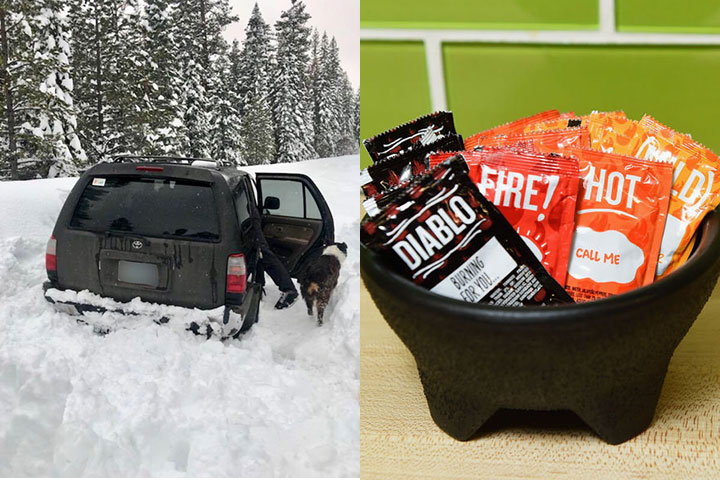 An Oregon man sustained himself and his dog on a few packets of taco hot sauce while stuck in an SUV on a snow-covered road for five days before being found by a passing snowmobiler.