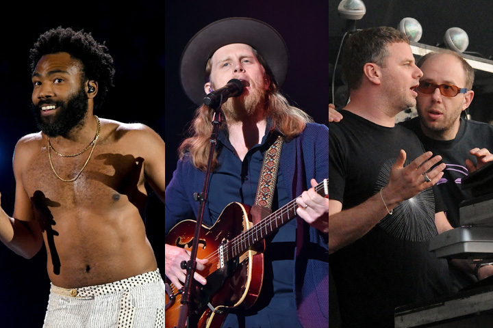 (L-R) Childish Gambino, Wesley Schultz of The Lumineers and Ed Simons and Tom Rowlands of the Chemical Brothers performing live on stage.