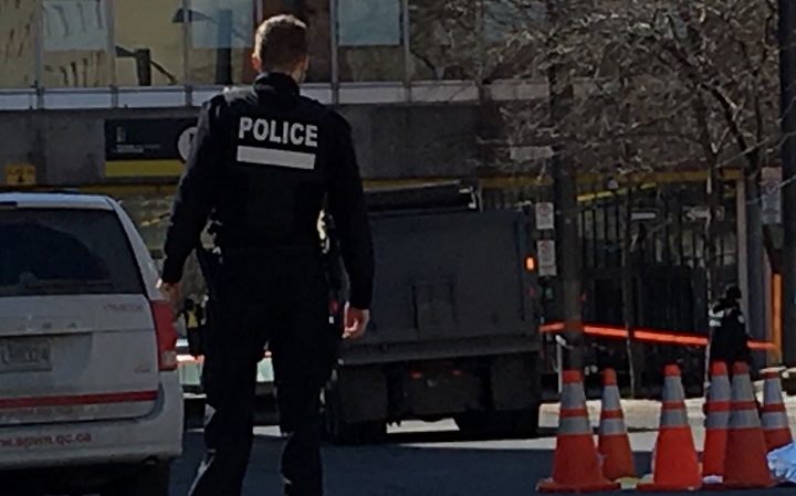 A pedestrian died after being hit by a dump truck at the intersection of Viger Avenue and St-Urbain Street. Tuesday, March 19, 2019.