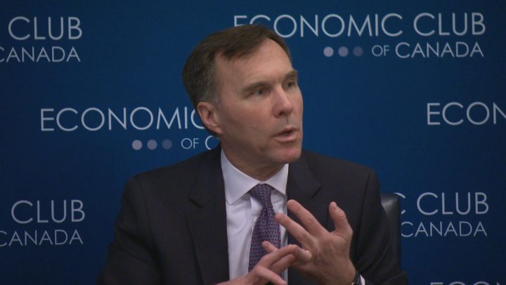 Canadian Finance Minister Bill Morneau talks pipelines on a post-budget stop in Calgary on Monday.