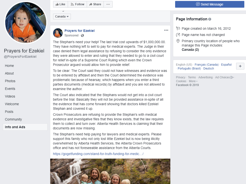 A screenshot of the sponsored post by Facebook page Prayers for Ezekiel.
