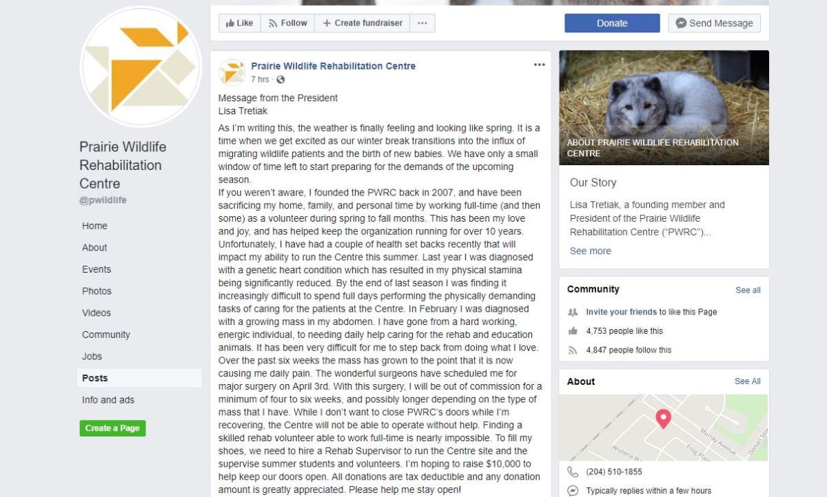 Prairie Wildlife Rehabilitation Centre message seeking help.