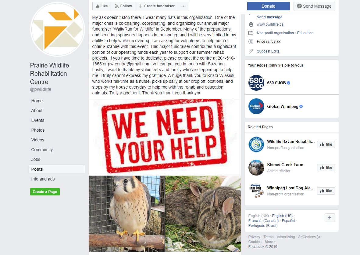 Prairie Wildlife Rehabilitation Centre message (part 2) seeking help.