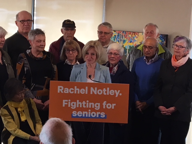 Alberta NDP Leader Rachel Notley making an election promise on seniors prescription drug coverage in Sherwood Park, Alta. on Friday, March 29, 2019.