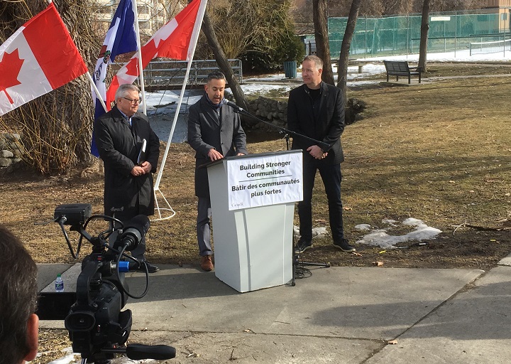 Federal minister Ralph Goodale, left, Kelowna mayor Colin Basran and Kelowna-Lake Country MP Stephen Fuhr talk to the media in Kelowna about federal flood prevention funding on Friday.