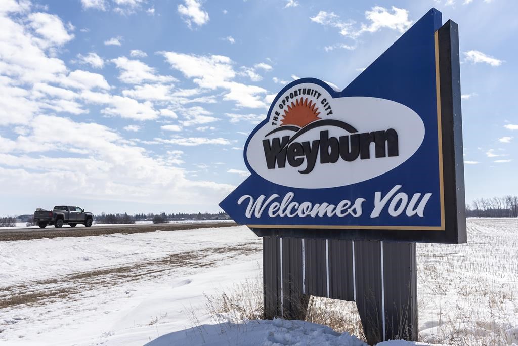 A welcome sign on the outskirts of Weyburn, Sask., on Thursday, March 14, 2019. City council in Weyburn, Sask., has apologized to residents and other Canadians after a controversial decision to reject a care home for people with disabilities earlier this week.