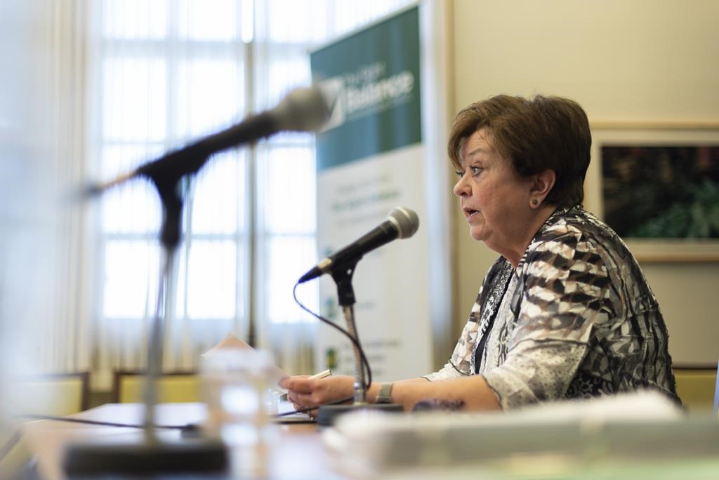 Finance Minister Donna Harpauer arrives to a morning press conference during Budget Day at the legislative building in Regina, Sask., on Wednesday, March 20, 2019.