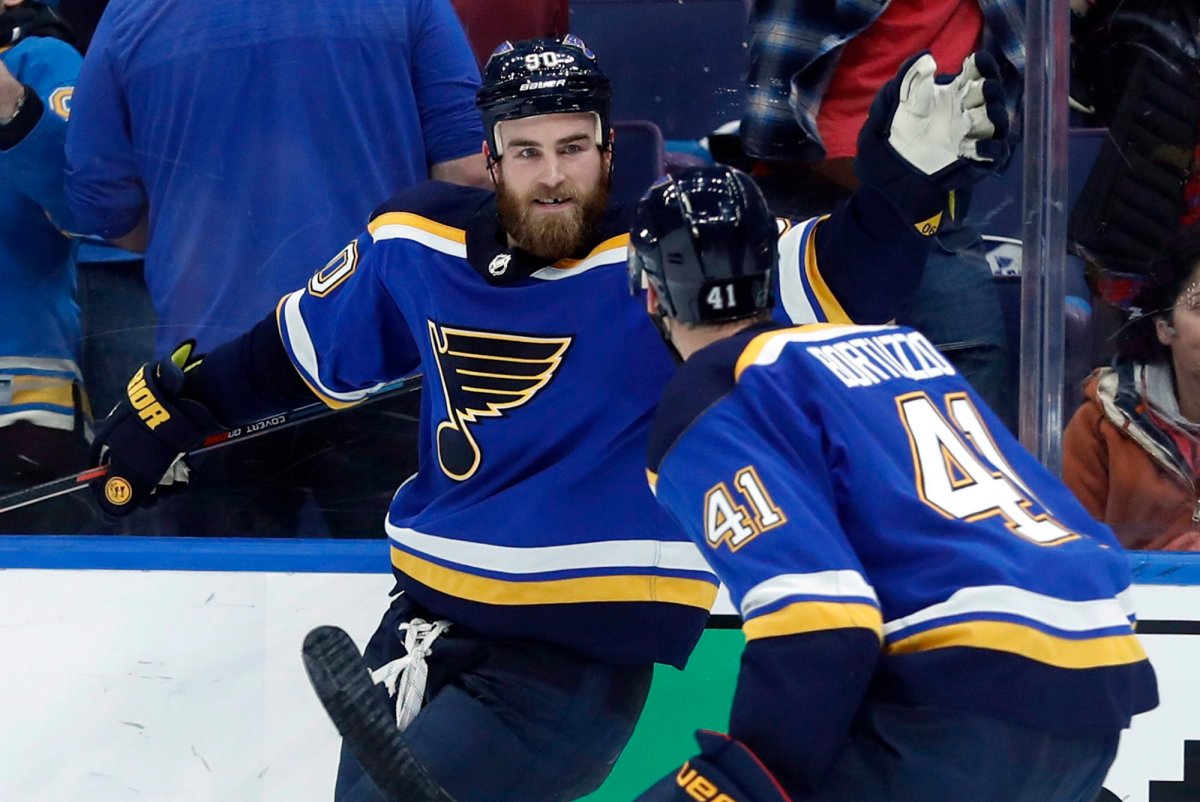 St. Louis Blues' Ryan O'Reilly, left, is congratulated by Robert Bortuzzo (41) after scoring the game-winning goal during overtime of an NHL hockey game against the Colorado Avalanche Friday, Dec. 14, 2018, in St. Louis.