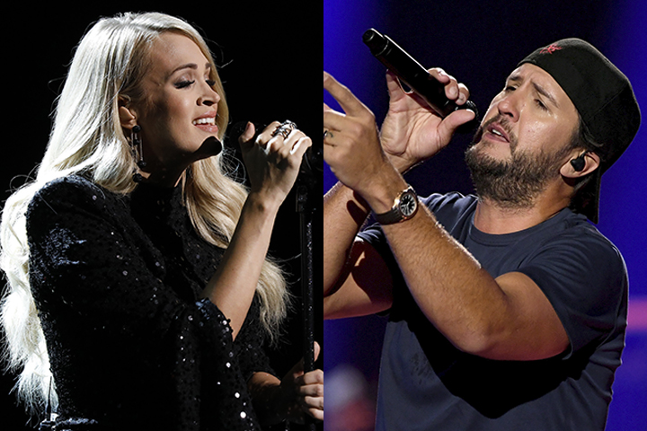 (L-R) Carrie Underwood and Luke Bryan perfome live in 2018.