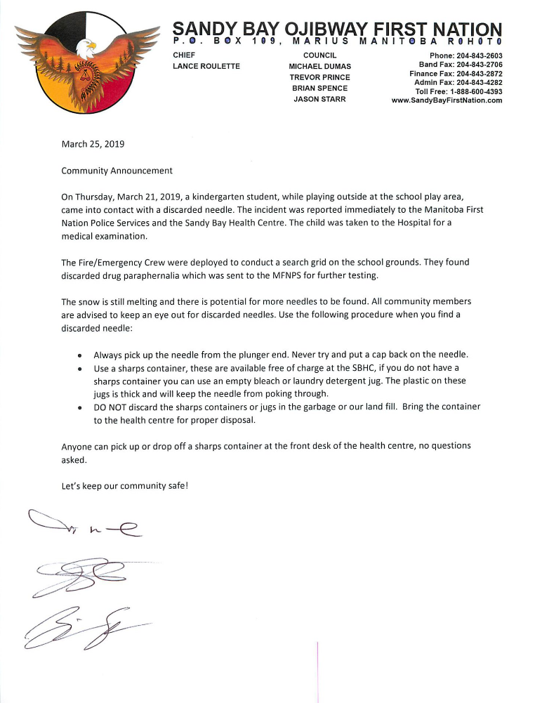Sandy Bay First Nation community announcement.