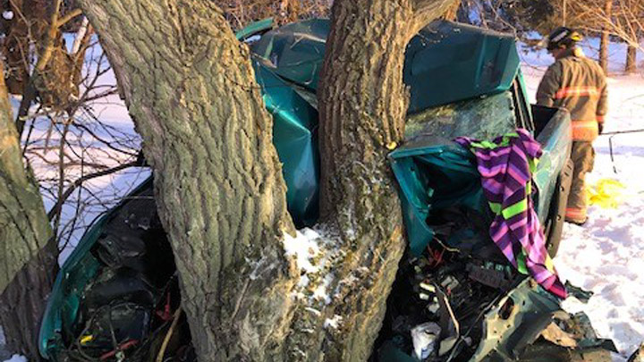Saskatoon firefighters extracted the driver of a GMC Sierra that left the road and collided with a tree near Highway 11 and Melness Road on March 11, 2019.