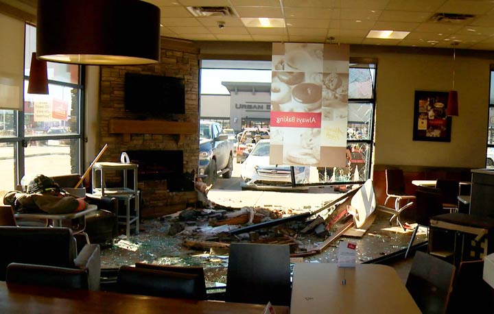 A view from inside the Saskatoon Tim Hortons that was struck by a vehicle on March 21, 2019.