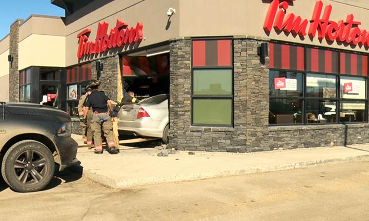 Police say a vehicle was driven through the wall of a Tim Hortons on Clarence Avenue South in Saskatoon.