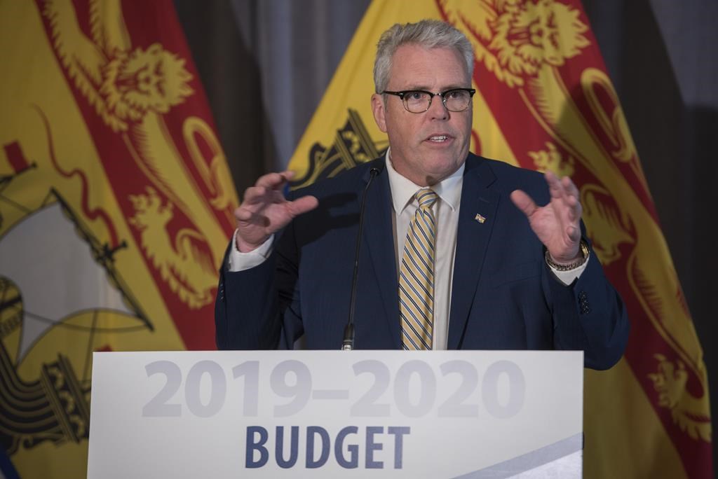 New Brunswick Finance Minister Ernie Steeves speaks at a press conference prior to delivering the provincial budget in the Legislature in Fredericton, New Brunswick on Tuesday, March 19, 2019.