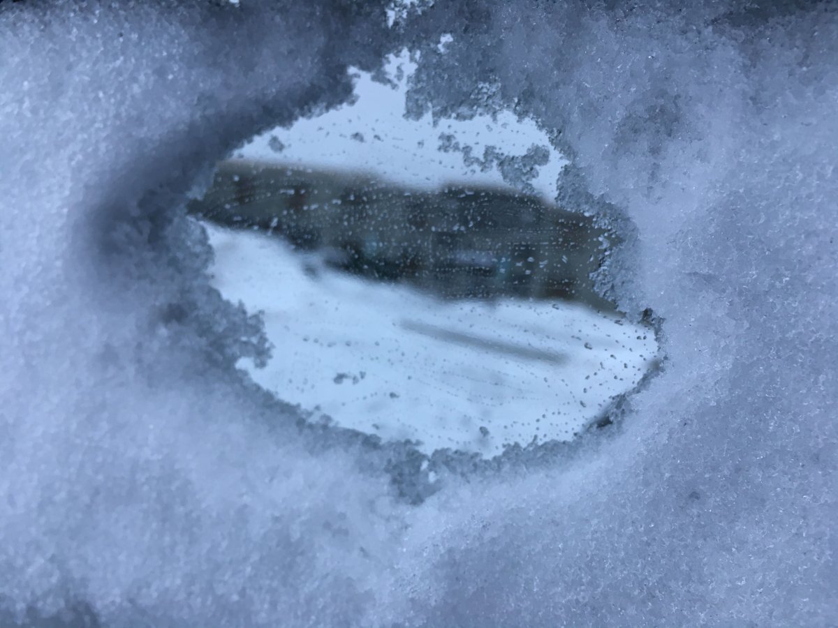 Snow on a window in Fargo, N.D.