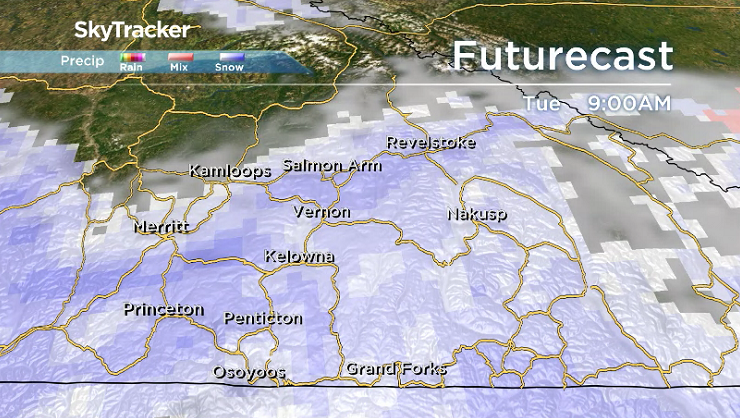 Snow sticks around into the day on Tuesday throughout the Okanagan.