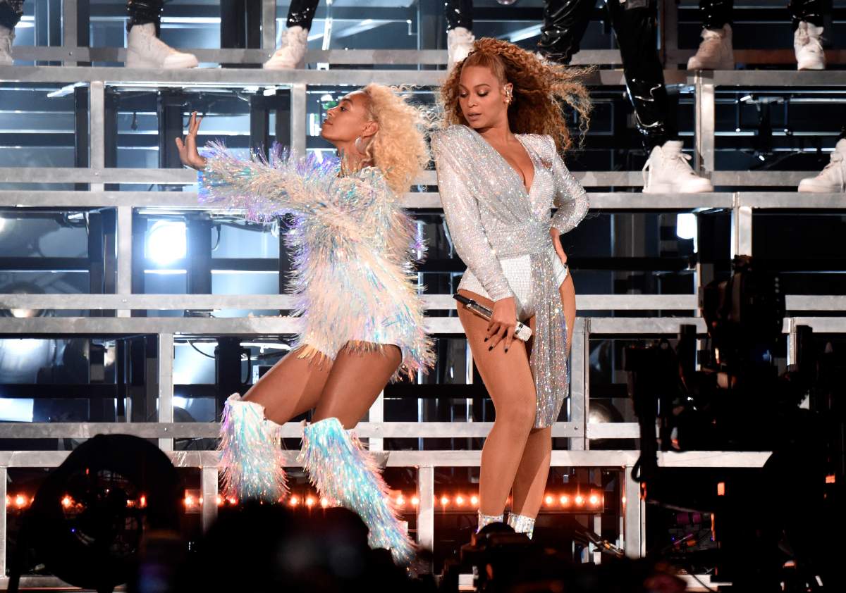 Solange Knowles (L) and Beyonce Knowles perform onstage during the 2018 Coachella Valley Music And Arts Festival at the Empire Polo Field on April 21, 2018, in Indio, Calif.
