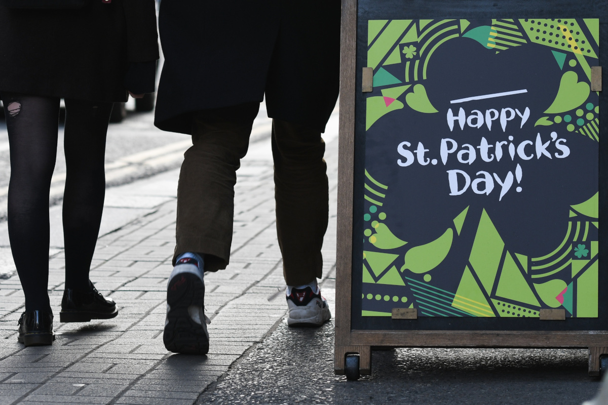 Happy St Patrick's Day sign seen in Dublin's city centre on Wednesday, March 13, 2019, in Dublin, Ireland.