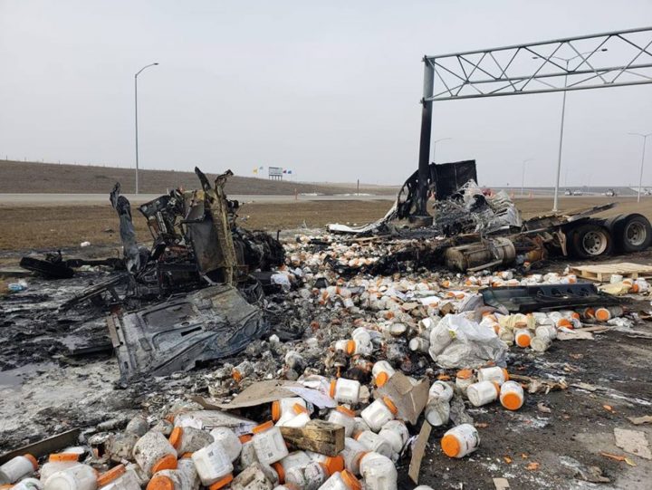 The contents of the tractor-trailer spilled onto Stoney Trail after a crash in northeast Calgary on Saturday.