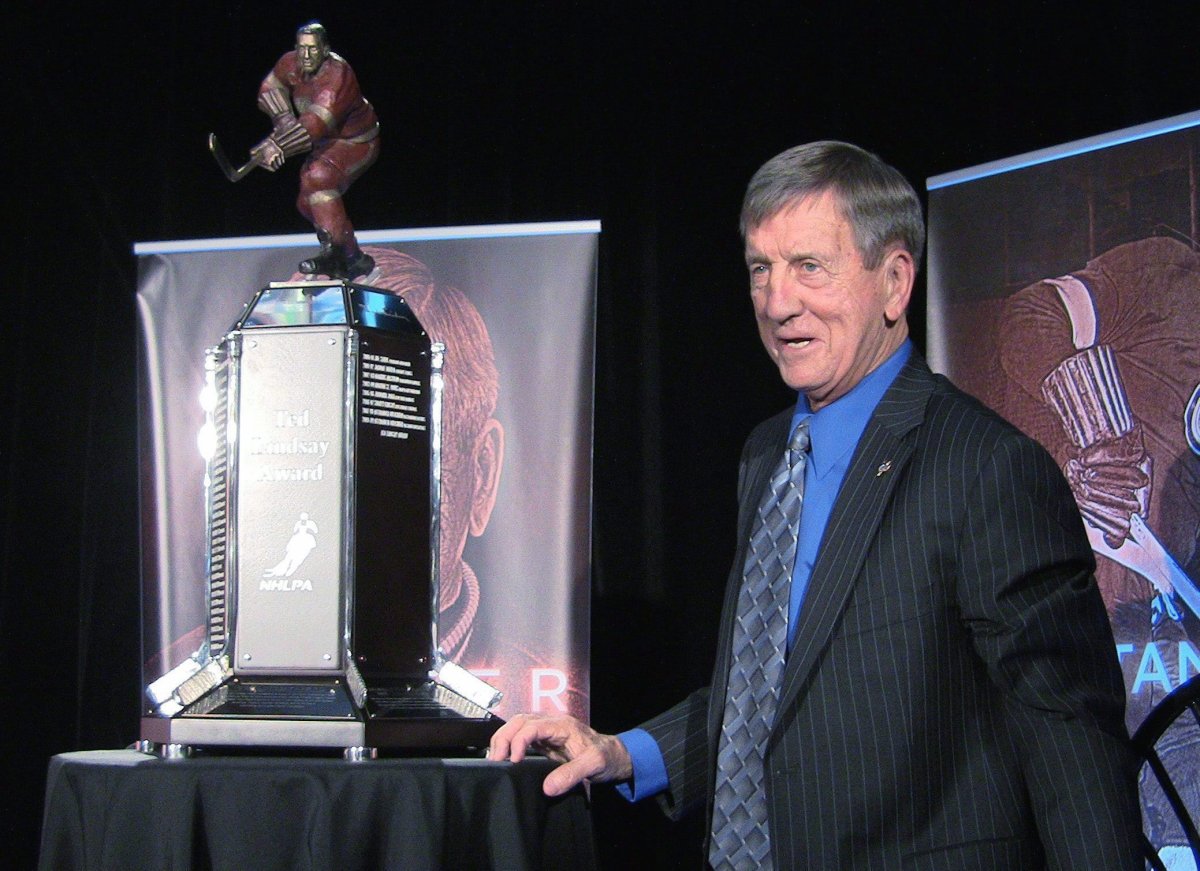 Ted Lindsay poses by the renamed Lester B. Pearson Award at the Hockey Hall of Fame in Toronto, Thursday, Apr.29, 2010. The NHL Players' Association renamed the award in honour of the former Detroit Red Wings legend.