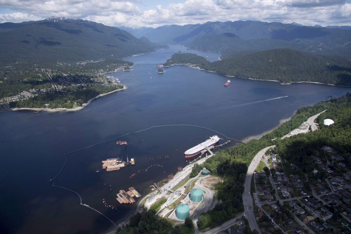 An aerial view of Kinder Morgan's Trans Mountain marine terminal, in Burnaby, B.C., is shown on May 29, 2018. A lawyer for the British Columbia government says the province knows it cannot stop the Trans Mountain pipeline expansion, but it can enact environmental laws to mitigate the harm it may cause.
