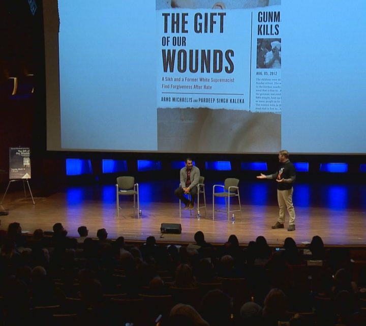 Authors and Serve2Unite​ cofounders Pardeep Singh Kaleka and Arno Michaelis spoke at Mount Royal University in Calgary on Tuesday.