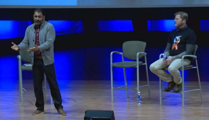 Authors and Serve2Unite​ cofounders Pardeep Singh Kaleka and Arno Michaelis spoke at Mount Royal University in Calgary on Tuesday.