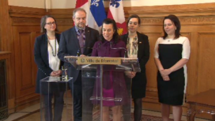 Montreal Mayor Valerie Plante flanked by members of the city's executive committee. Friday March 29, 2019.
