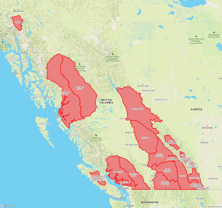 Regions in western Canada impacted by a special avalanche warning that was issued on March 18. 