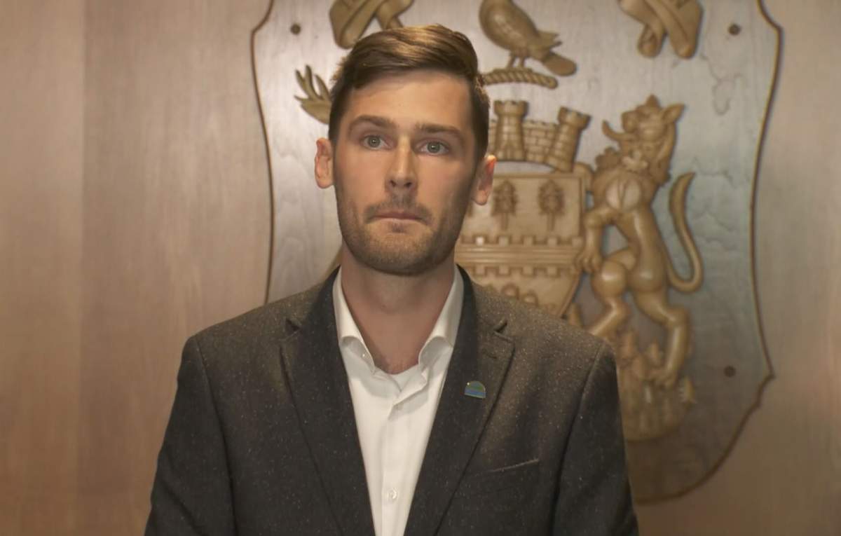 Port Moody Mayor Rob Vagramov speaks on the sexual assault allegation at a press conference last month at Port Moody City Hall.